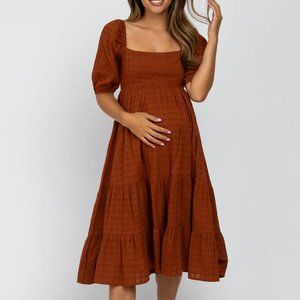 Pink Blush Boutique Rust Plaid Square Neck Maternity Midi Dress